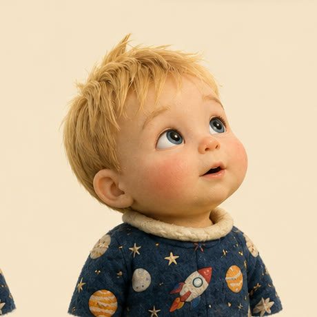 Mijnheer Jongetje: een blond jongetje van klei en vilt in een blauw ruimtepakje met planeetjes, dat nieuwsgierig omhoog kijkt.